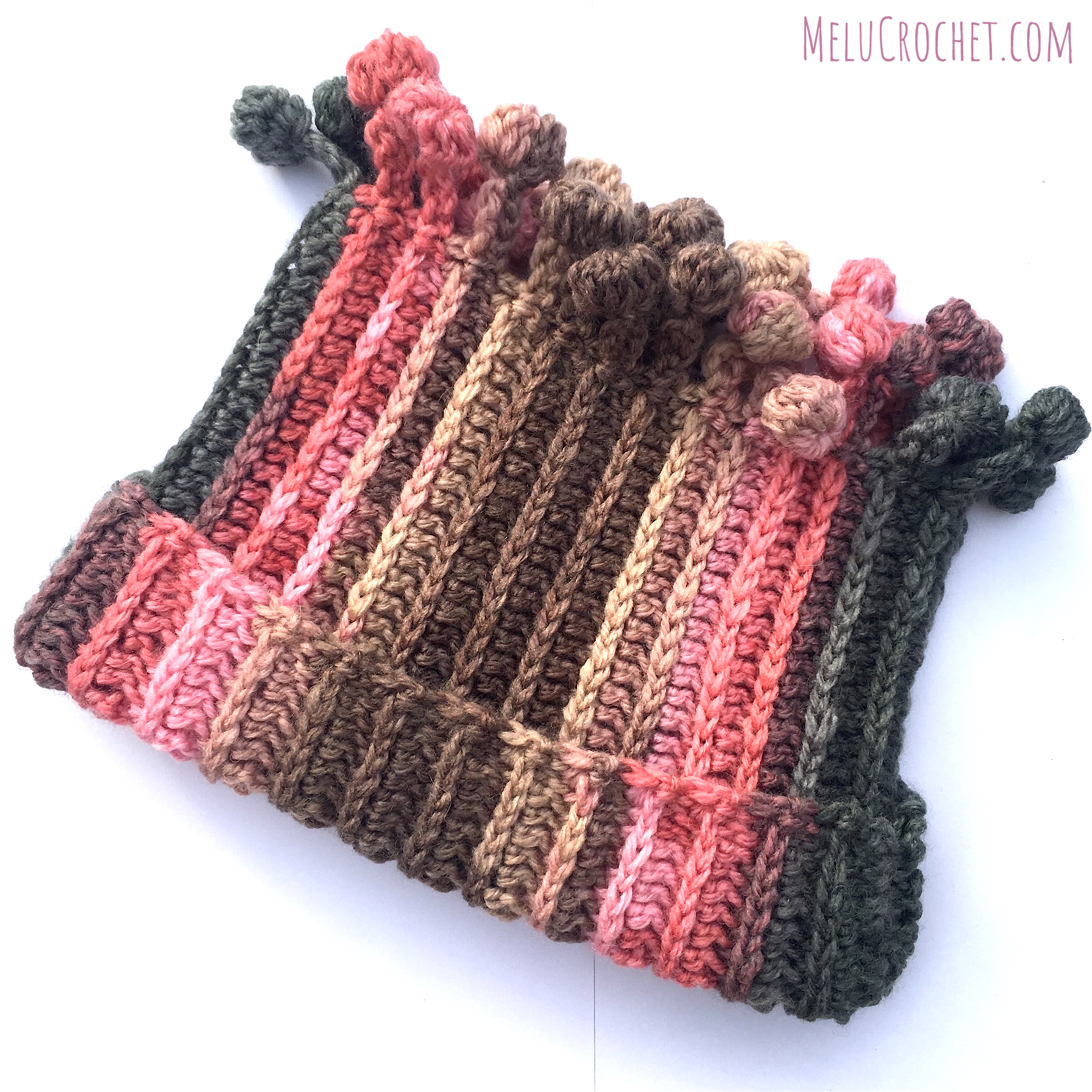Melu Crochet: Bobble Pom Pom Ear Warmer and Bobble Pom Pom Ribbed Scarf ...