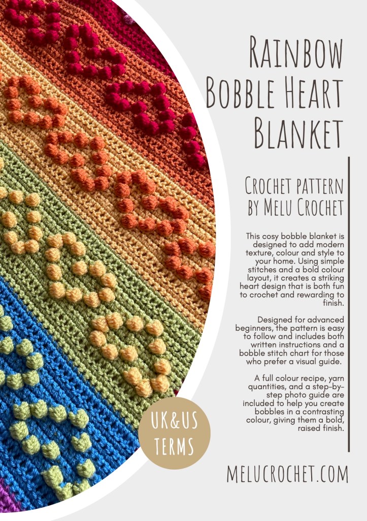 This cosy bobble blanket is designed to add modern texture, colour and style to your home. Using simple stitches and a bold colour layout, it creates a striking heart design that is both fun to crochet and rewarding to finish.
Designed for advanced beginners, the pattern is easy to follow and includes both written instructions and a bobble stitch chart for those who prefer a visual guide.
A full colour recipe, yarn quantities, and a step-by-step photo guide are included to help you create bobbles in a contrasting colour, giving them a bold, raised finish.